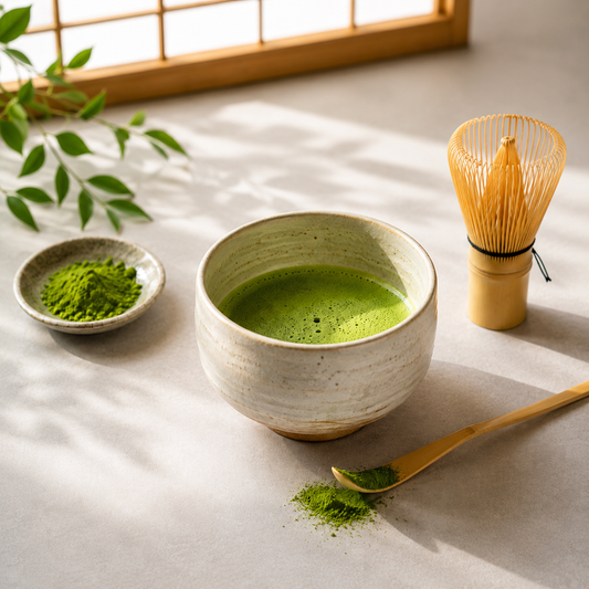 Japán matcha tea kerámia tálban bambusz habverővel és matcha porral