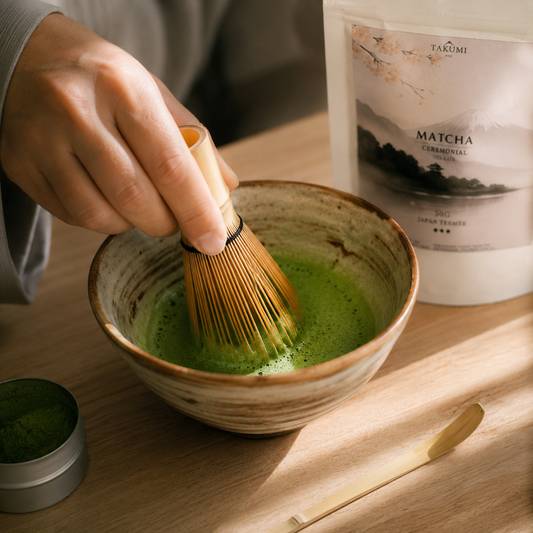 Prémium japán matcha tea kerámia tálban bambusz habverővel